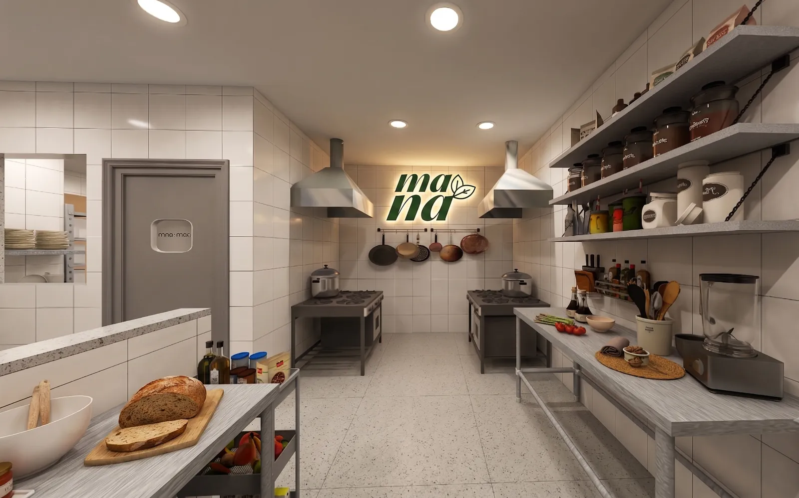 Cozinha industrial com a marca Maná em destaque na parede
