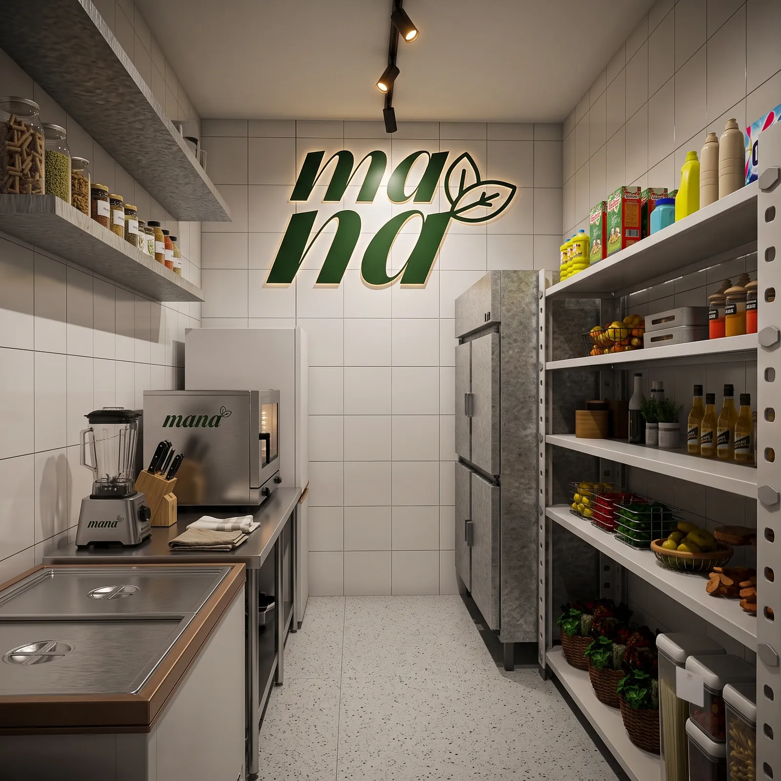 Área de estoque e organização da cozinha industrial Maná
